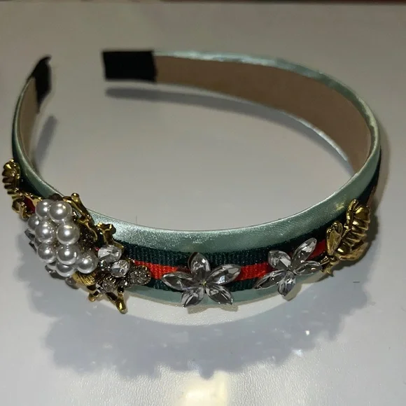 NEW White Satin Red Green Ribbon GG Bee Faux Pearl Gold Tone Charm Headband ?Red and Green ribbon with bees, I main image 4